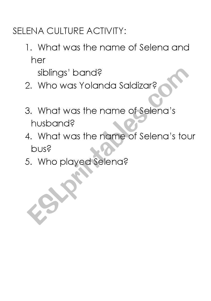 Selena Film Discussion worksheet