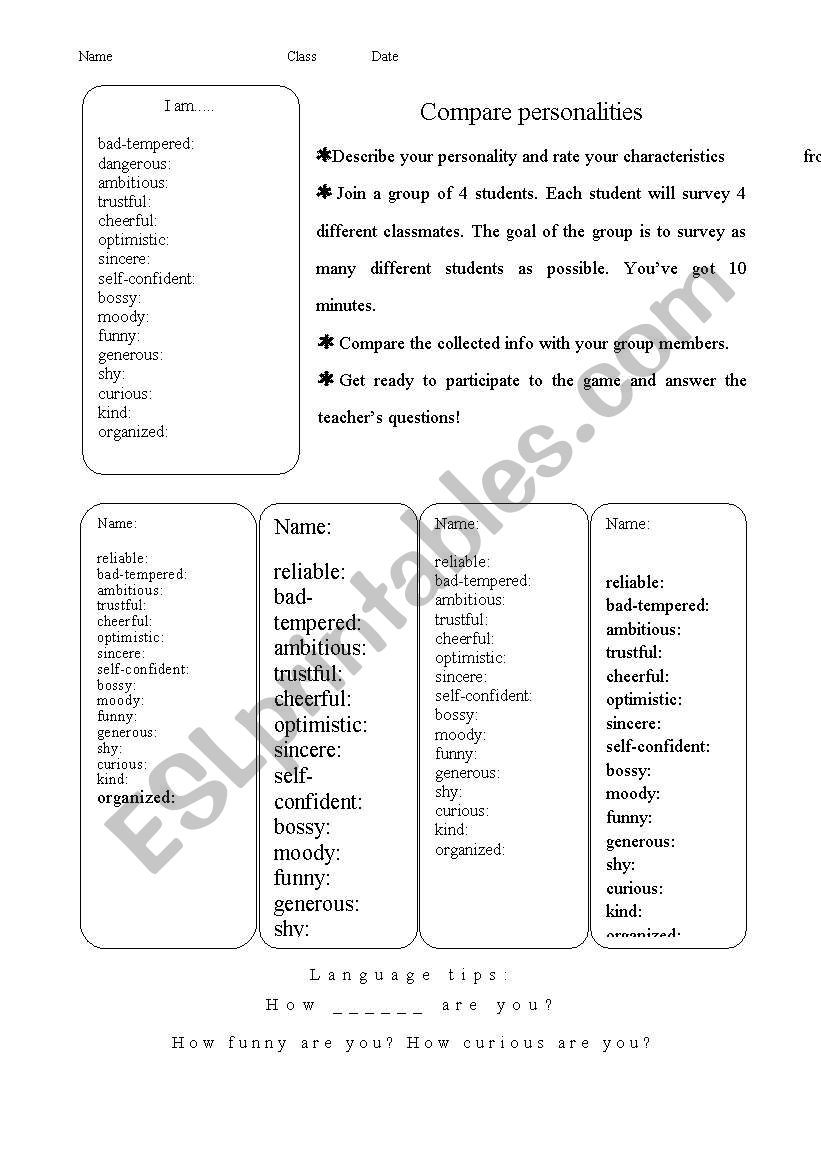 comparing personalities worksheet