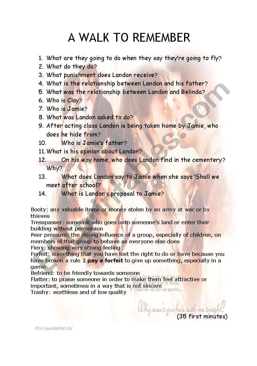 A walk to remember FIRST PART worksheet