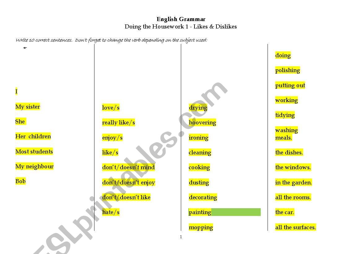 English Grammar on Doing the Housework 1 - Likes & Dislikes 