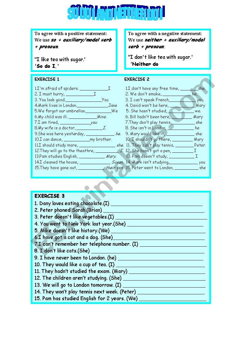 SO DO I AND NEITHER DO I worksheet