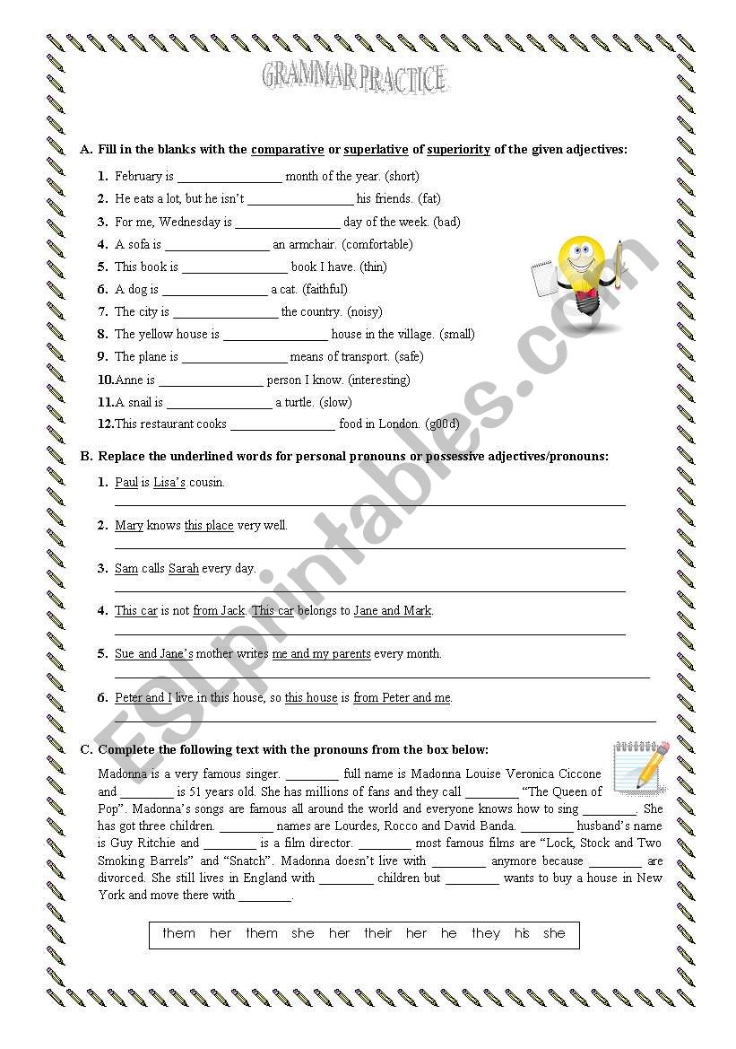 Worksheet - grammar practice - adjective degrees and pronouns
