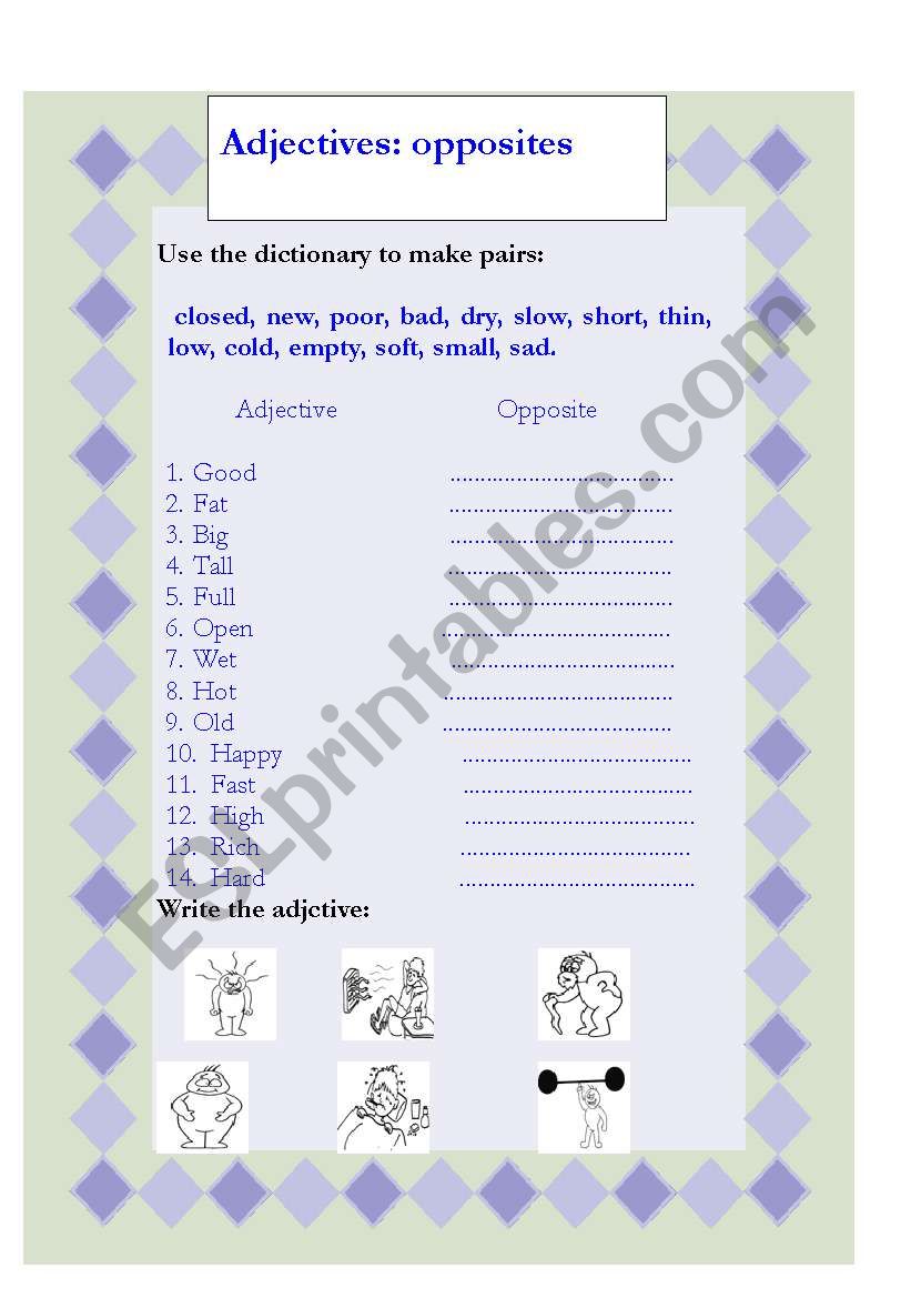 Adjetives opposites worksheet