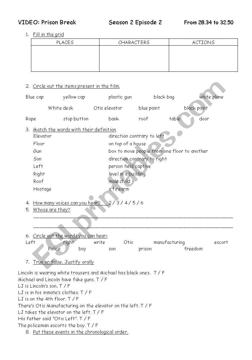 Prison Break : OTIS worksheet