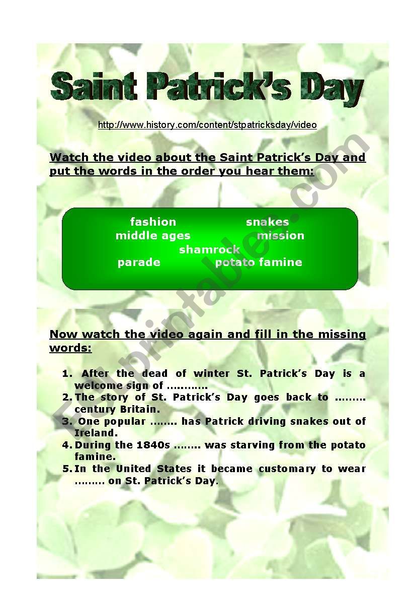 St. Patricks Day video worksheet