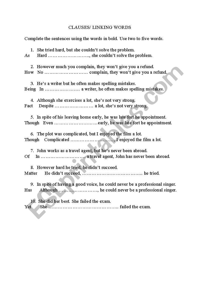 Clauses/ Linking Words worksheet