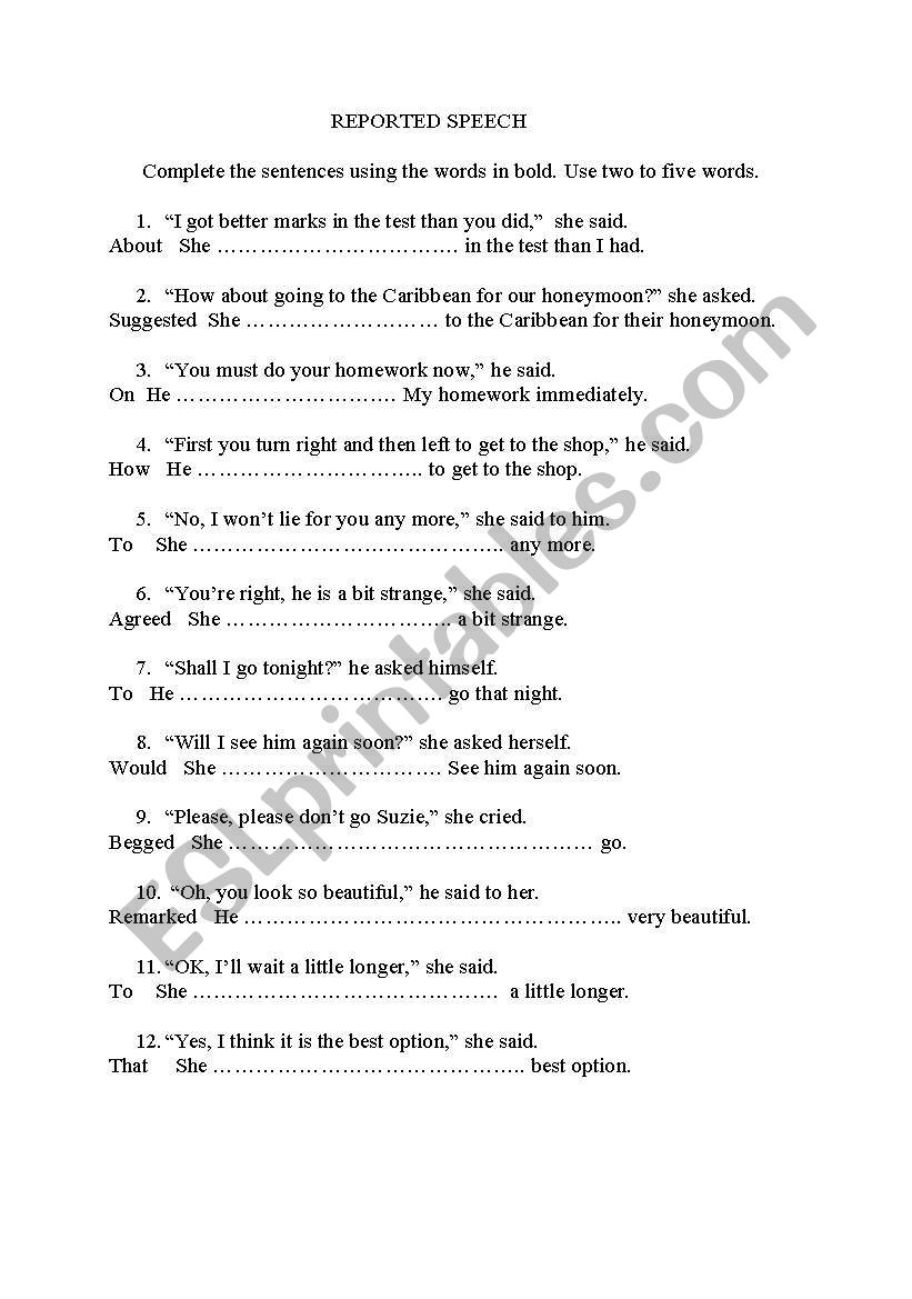 Reported Speech worksheet