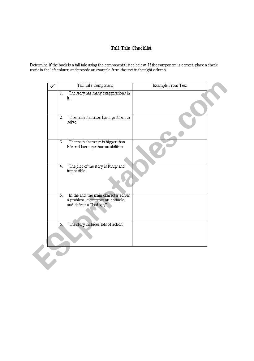 Tall Tale Checklist worksheet