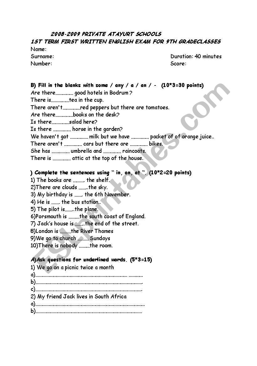 english exam for 9th grades worksheet