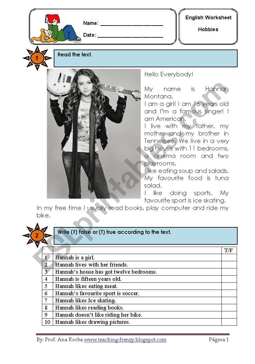 Hannah Montana reading co.  worksheet