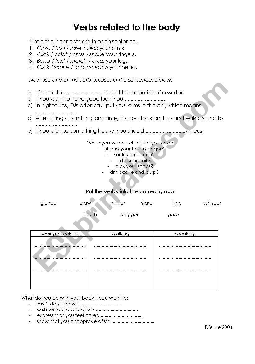 verbs related to the body worksheet