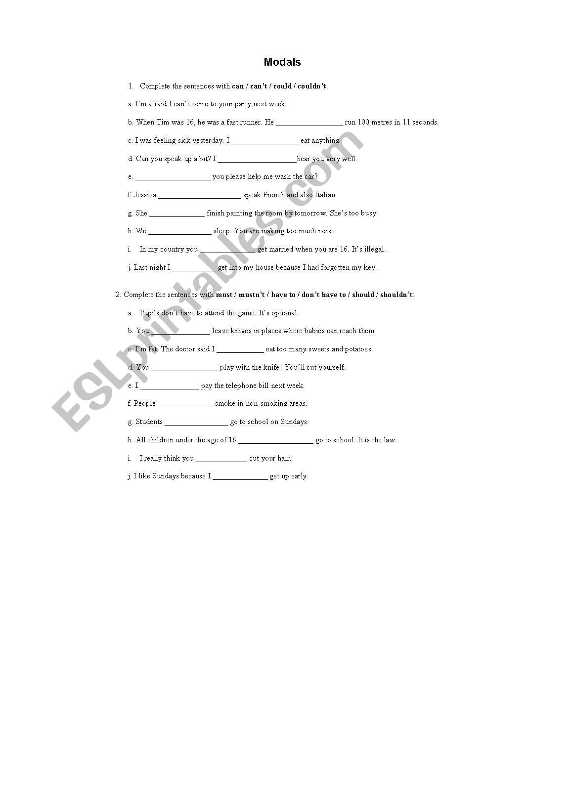 modals worksheet