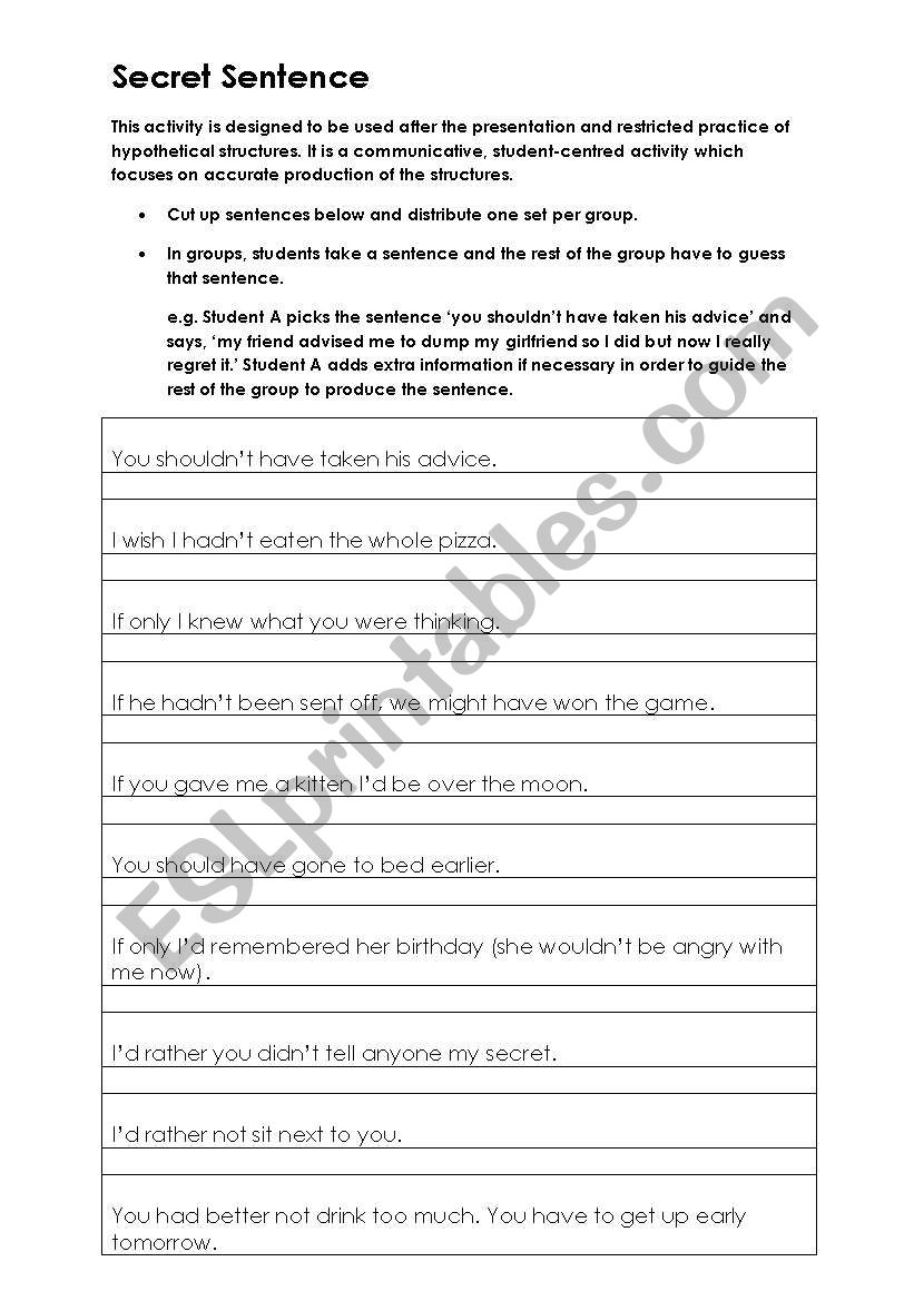 Secret sentences worksheet