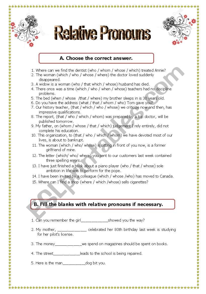 Relative Pronouns/Clauses worksheet
