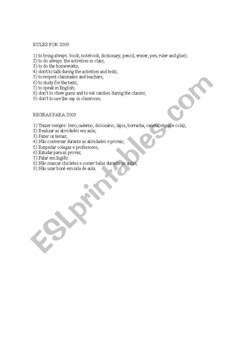 RULES FOR 2009 worksheet