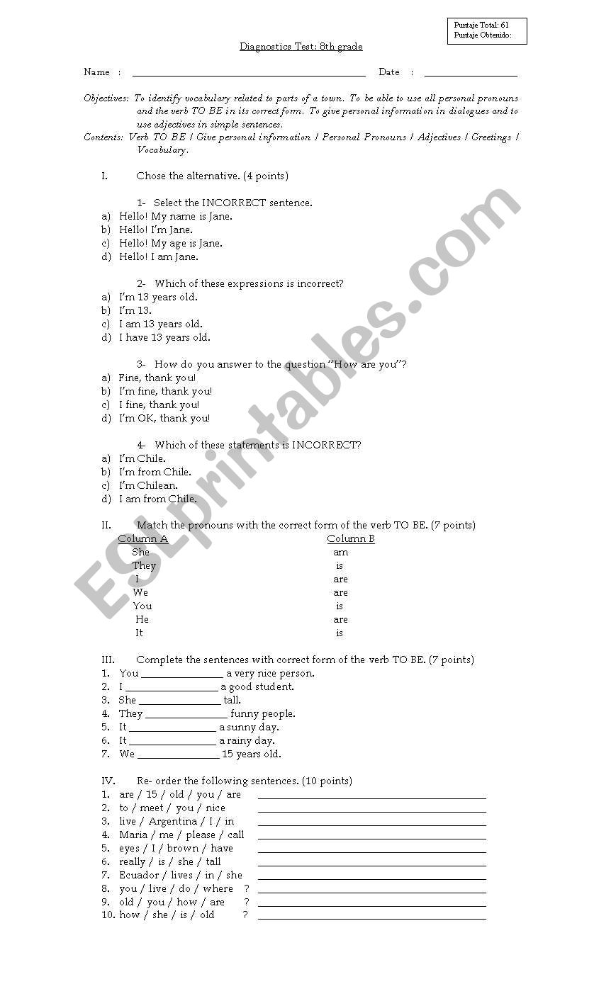 Diagnostics Test worksheet