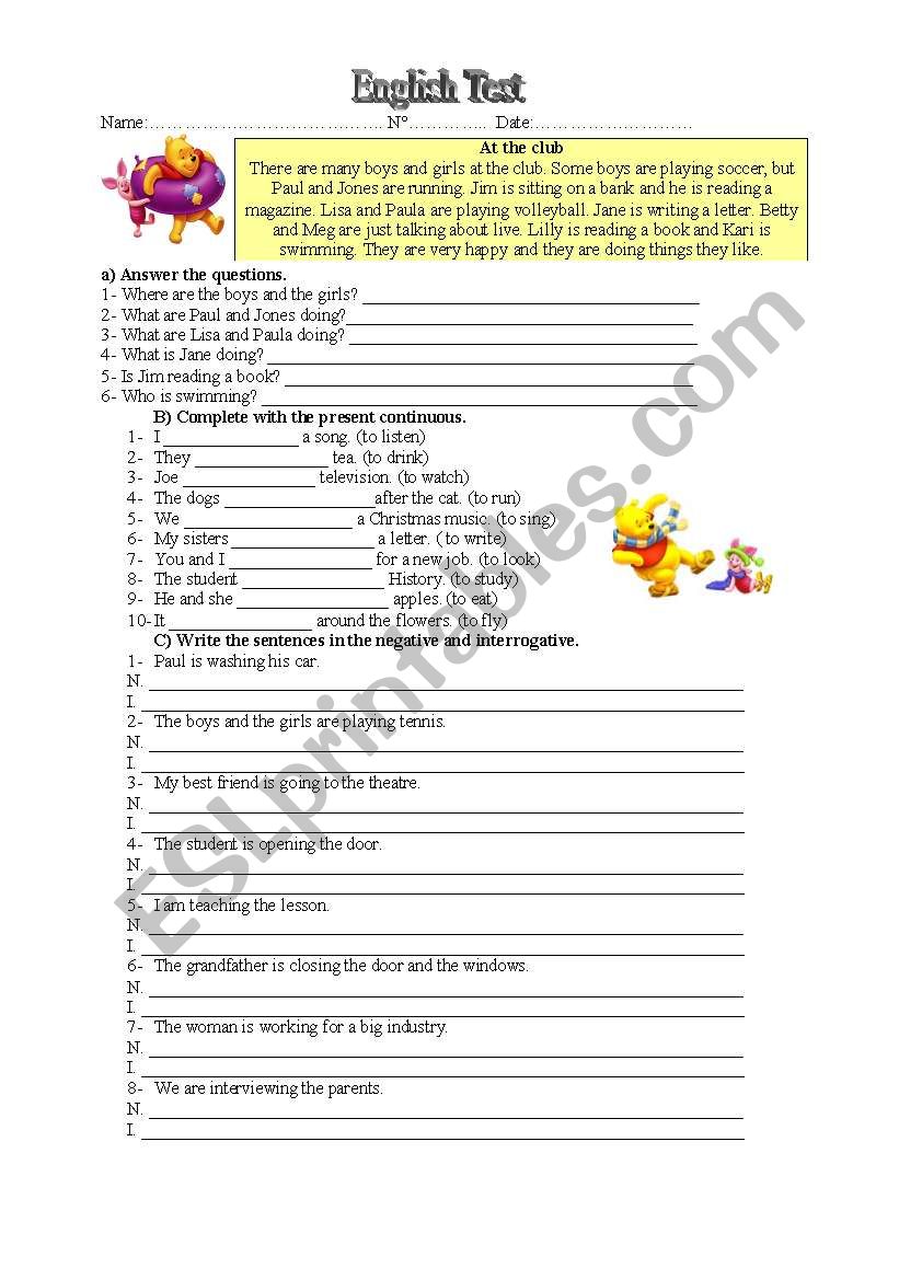 Present Continuous Test worksheet