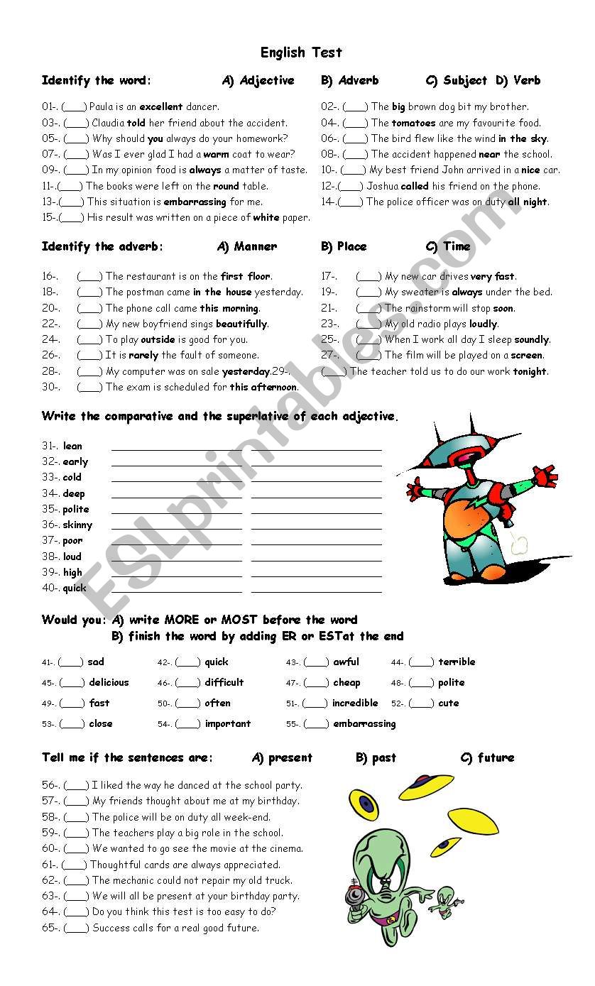 Test on tenses and adverbs worksheet