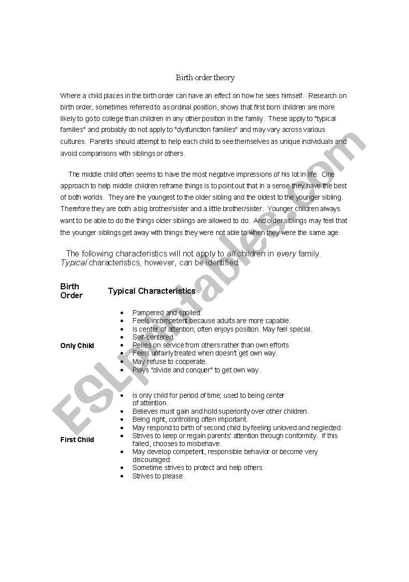 Birth Order theory worksheet