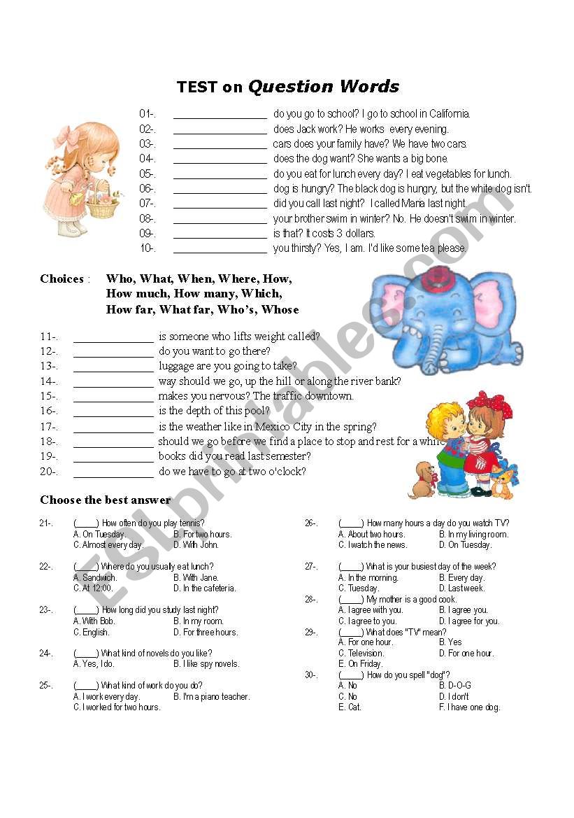 Test on Question Words worksheet