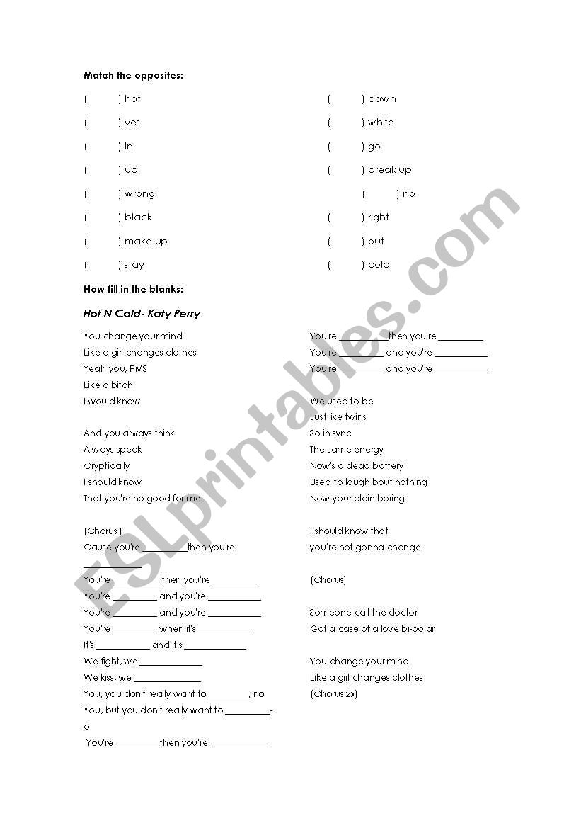 Hot N Cold- Katy Perry worksheet