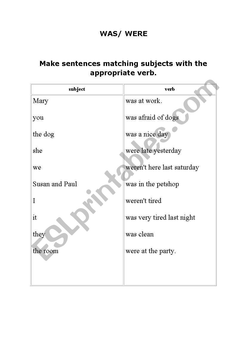 PAST SIMPLE VERB TO BE worksheet