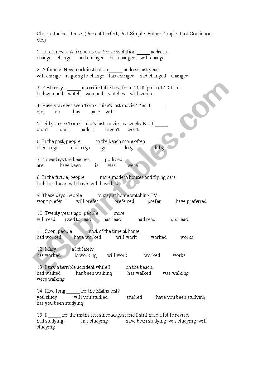 choose the best tense worksheet