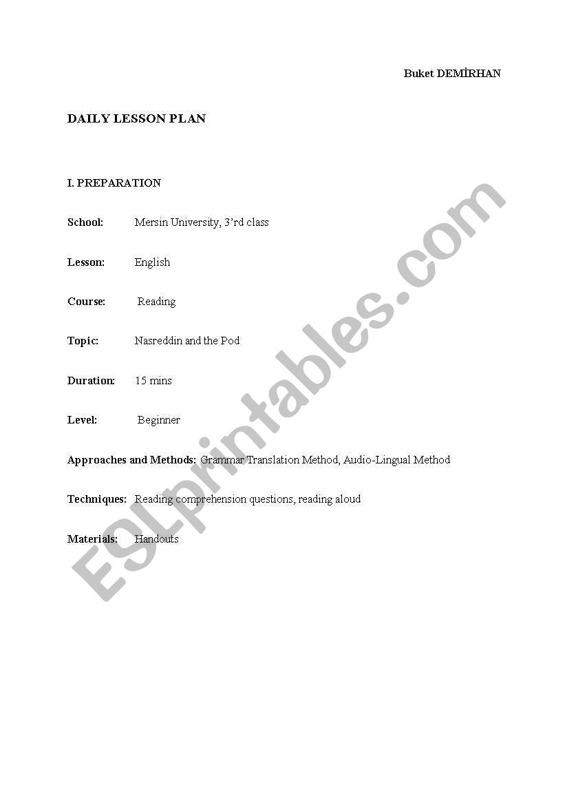 Nasreddin And the Pot worksheet