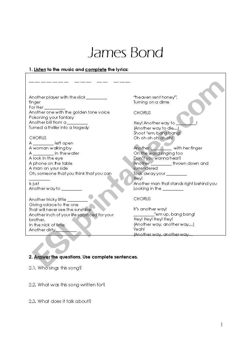 James Bond worksheet worksheet
