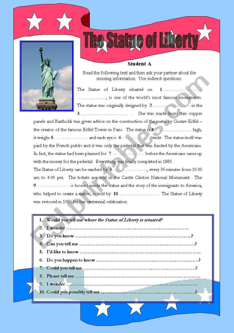 The Statue of Liberty - Revision of indirect questions - Student A & B set