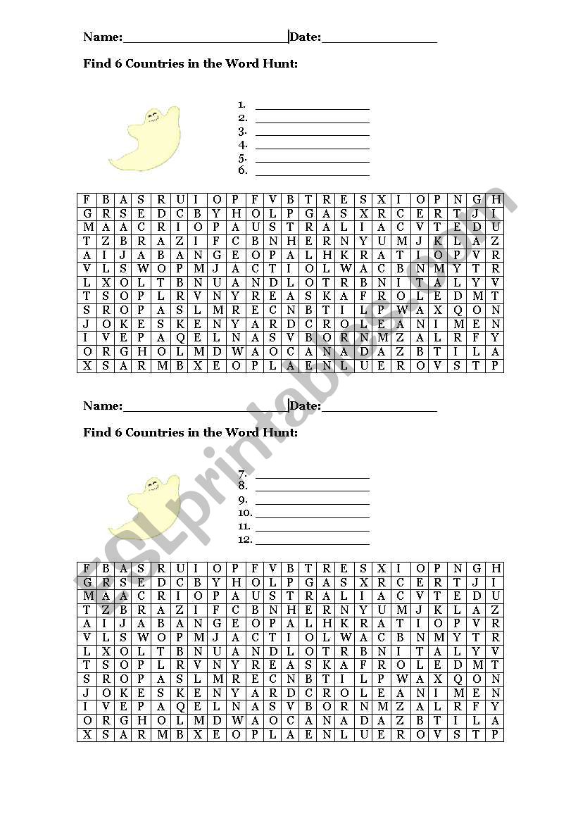 Word Hunt - Countries worksheet