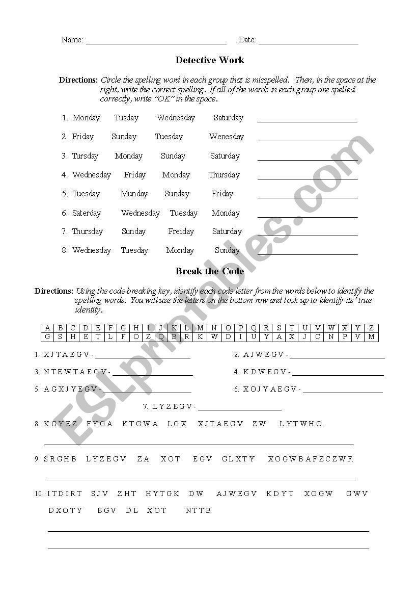 Days of the Week  worksheet