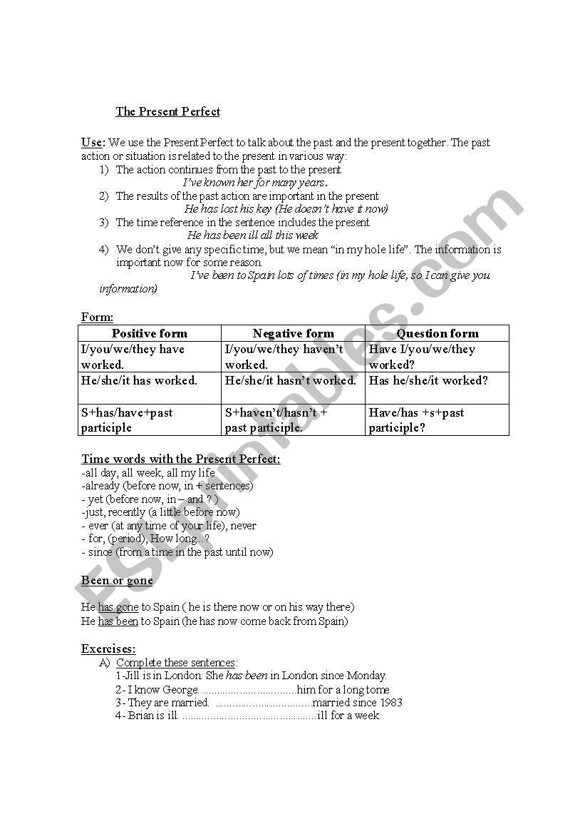 The Present Perfect worksheet