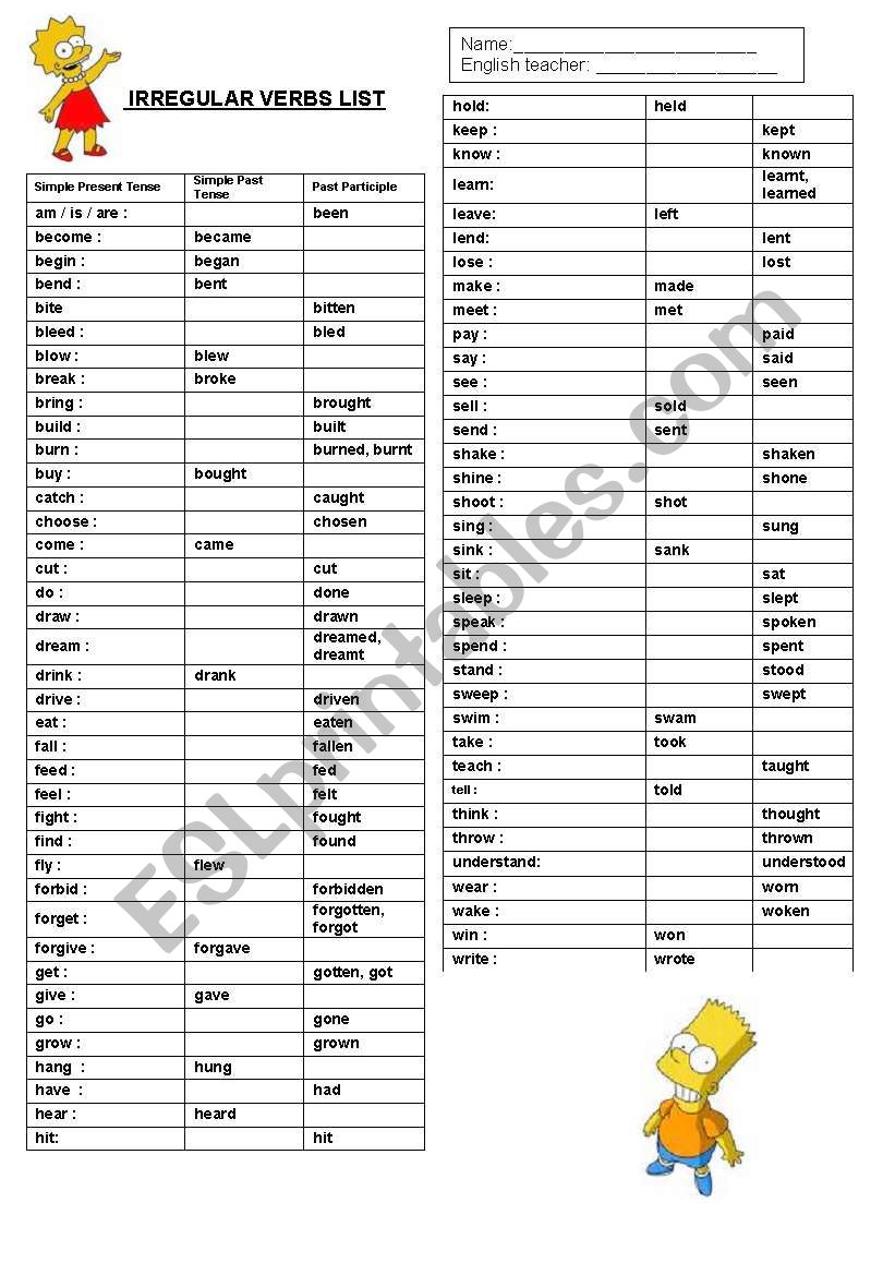 Irregular verbs list exercise worksheet