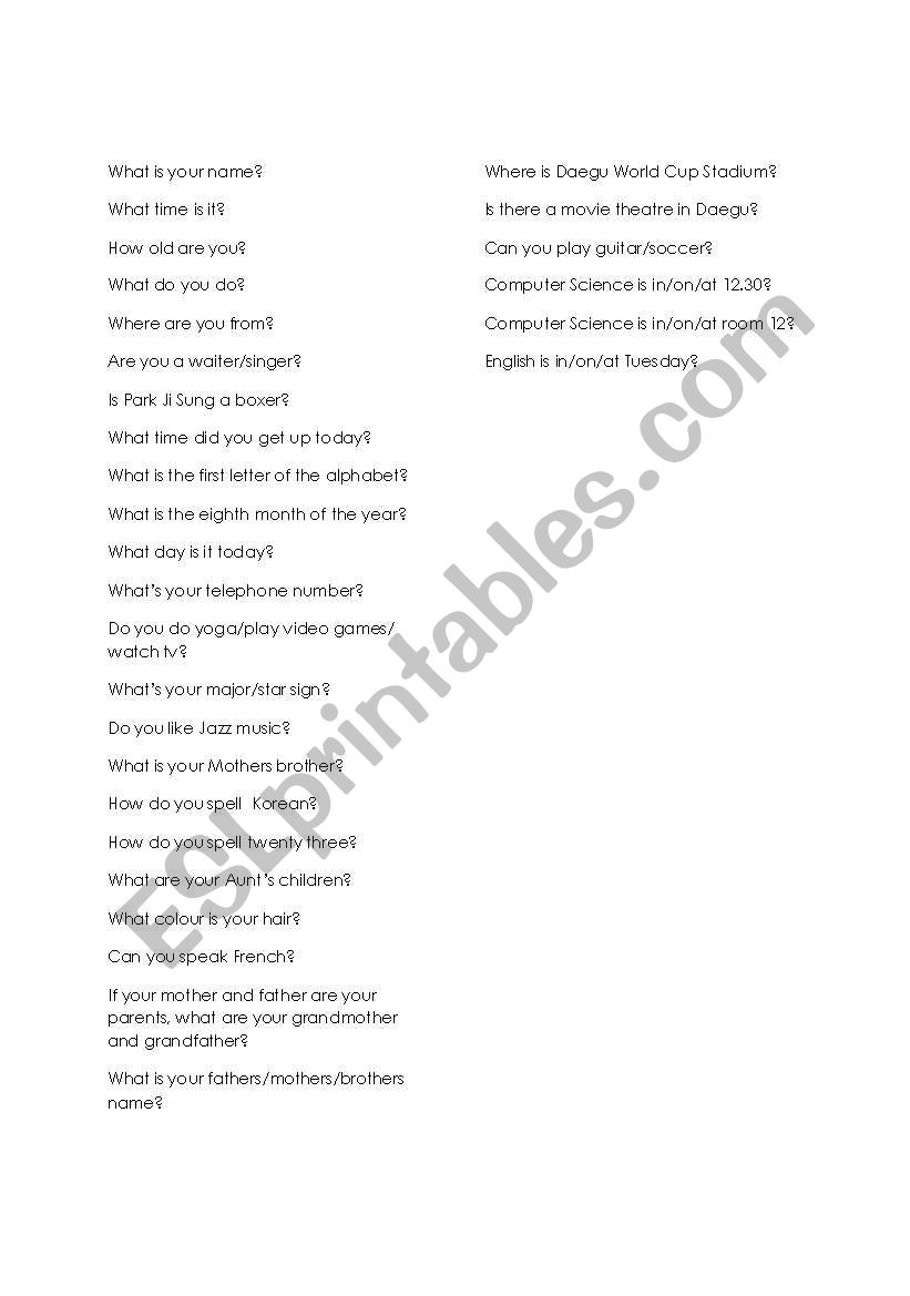 Speaking test worksheet