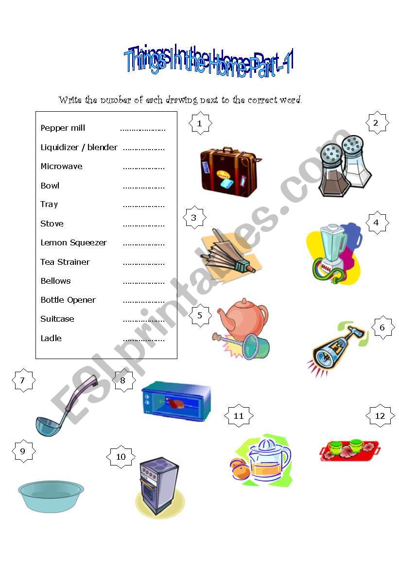 Things in the home -Part 1 worksheet