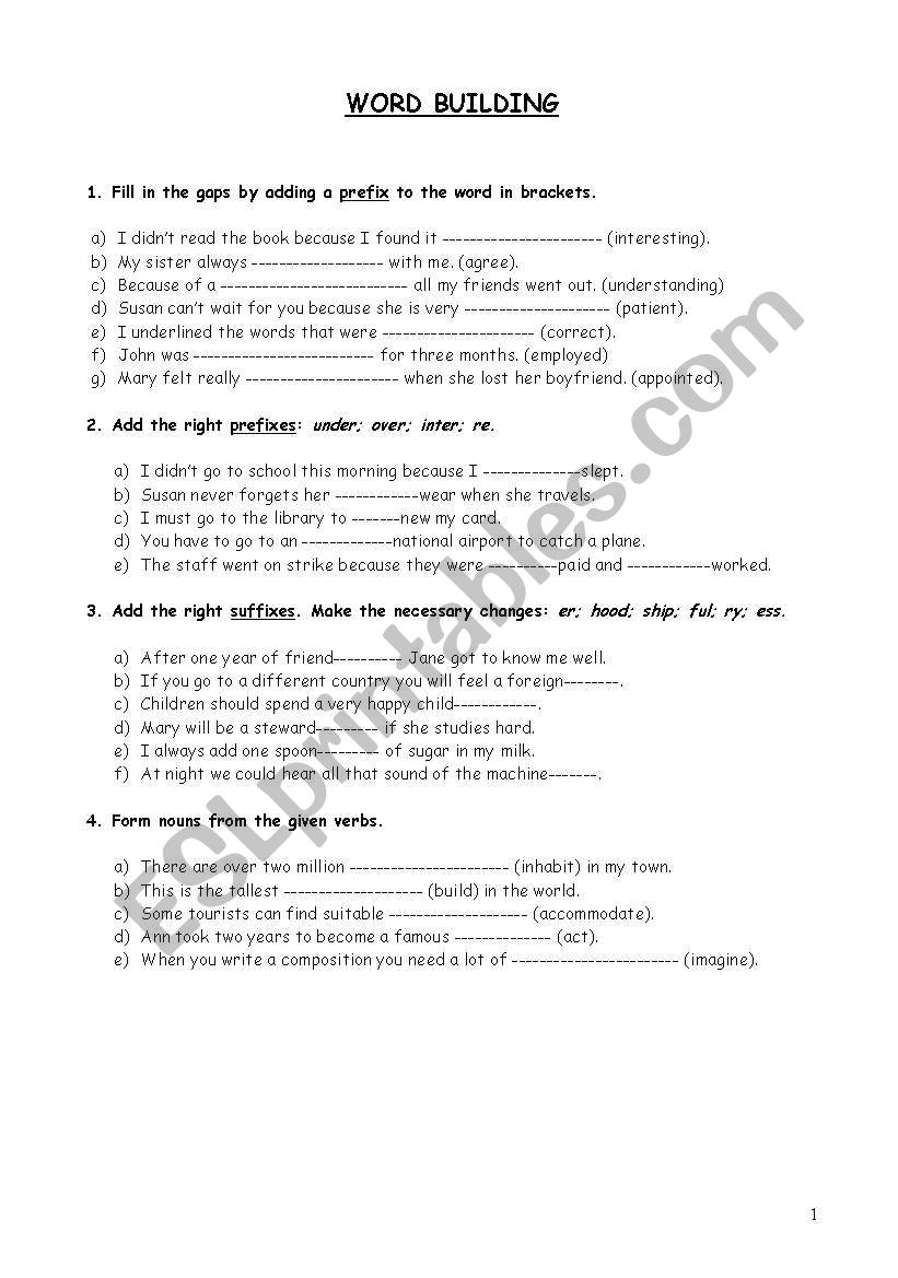 Prefixes and suffixes worksheet