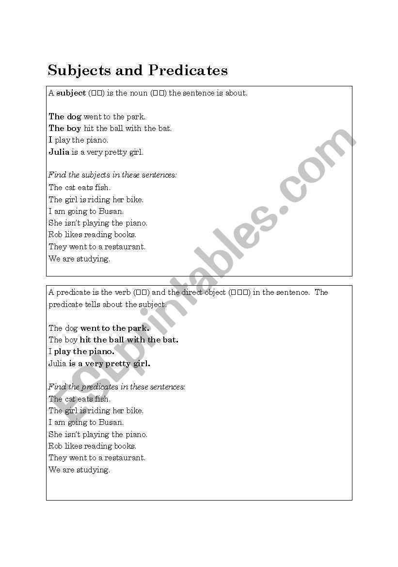English worksheets: Subjects and Predicates