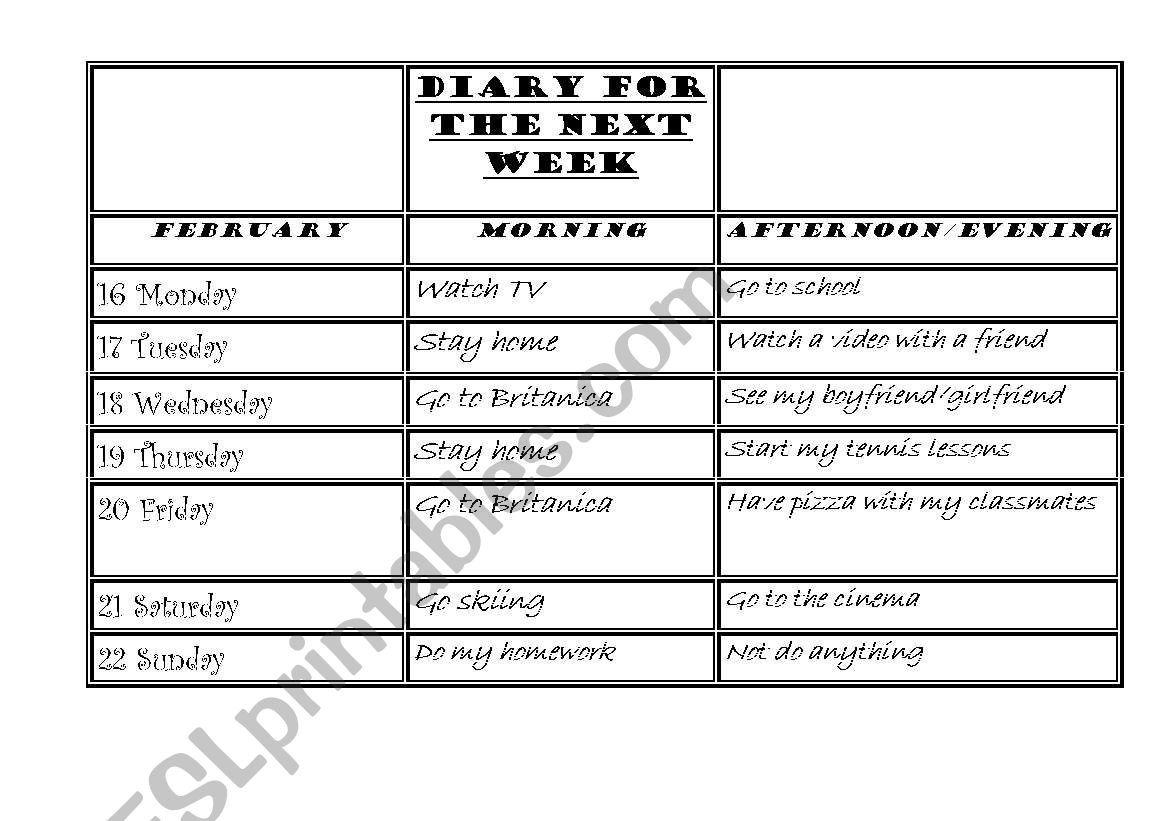 Diary worksheet