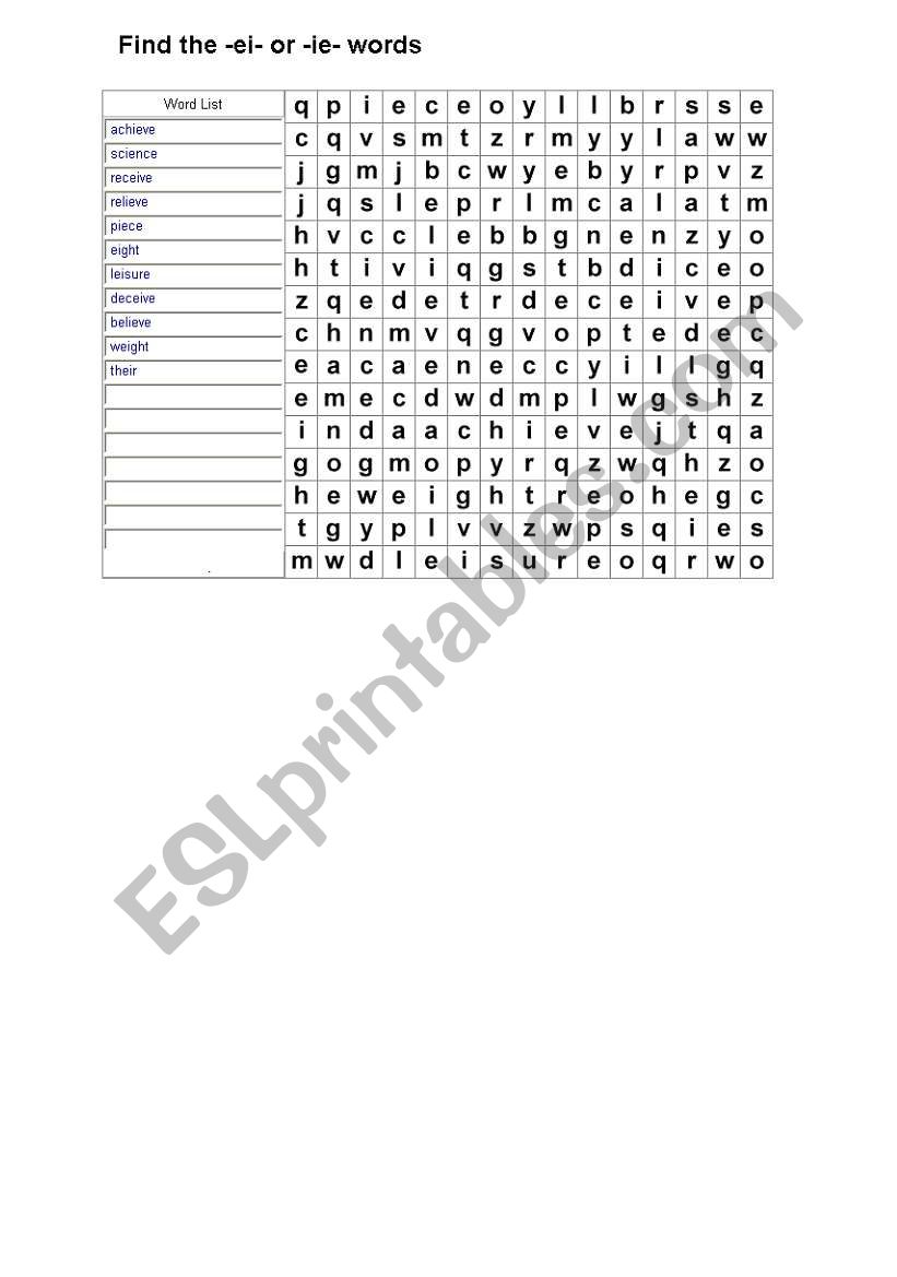 Ei or ie words worksheet