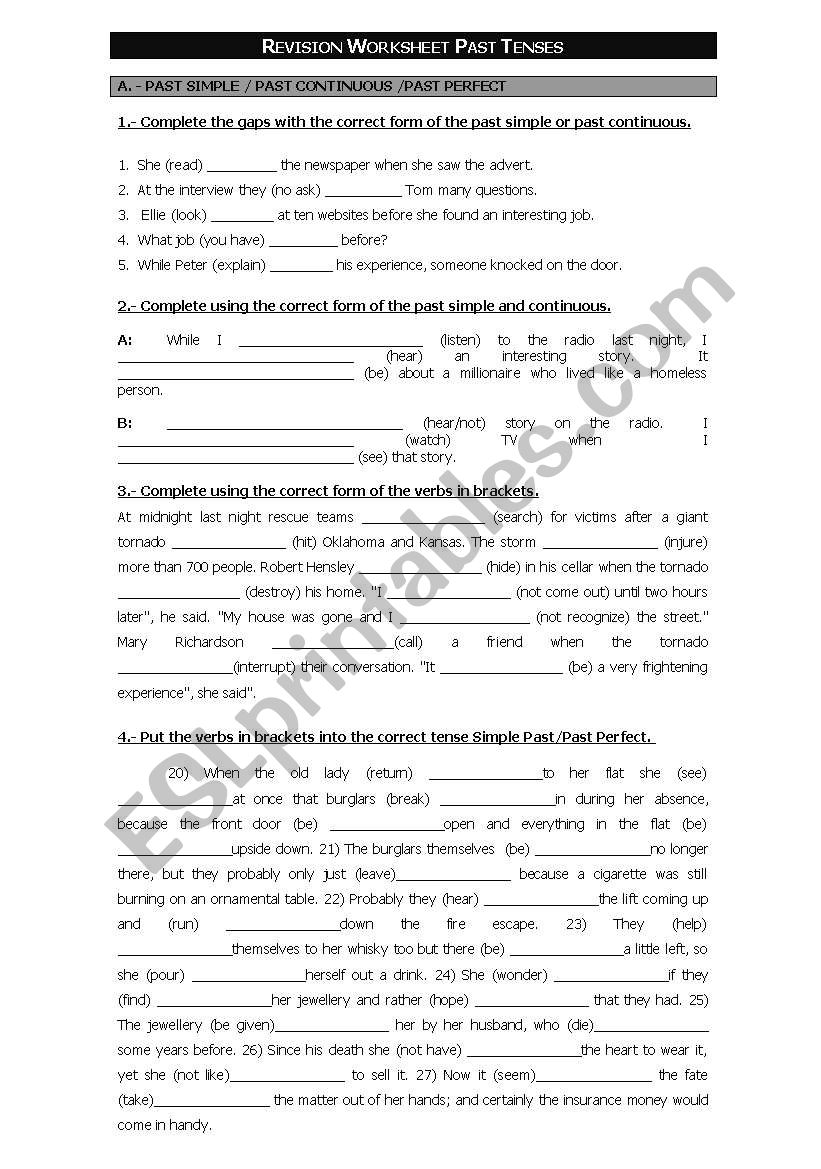 Past tenses revision worksheet