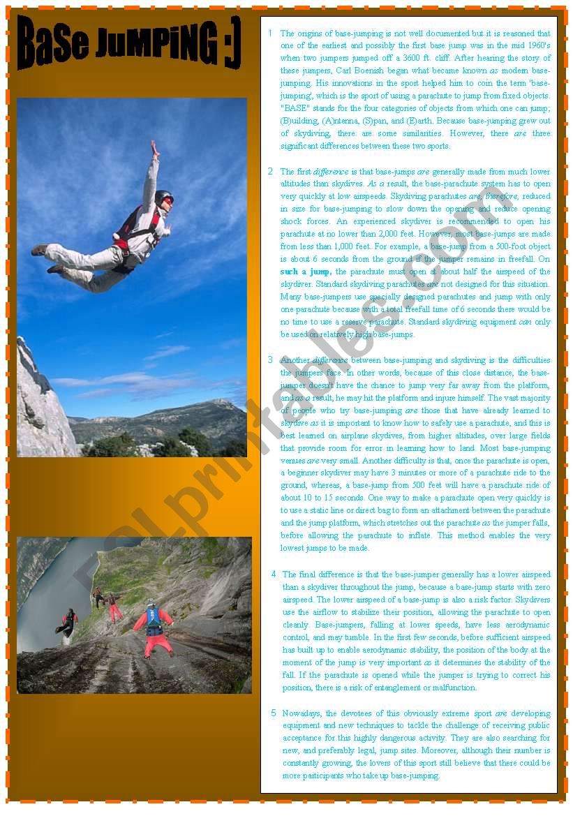 BASE-JUMPING   READING AND LISTENING ACTIVITY WITH VOCABULARY CHART ;) DIAMOND FOR ADVANCE STUDENTS  :)