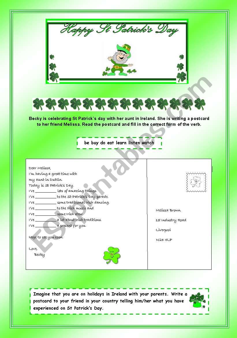 St Patricks Day -Postcard worksheet
