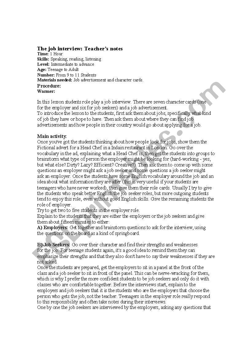 job interviews worksheet