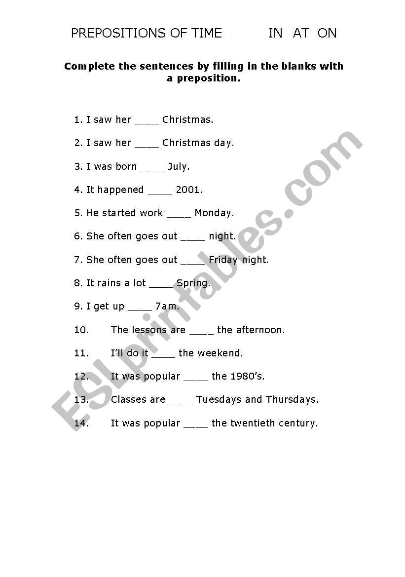 Prepositions of time worksheet