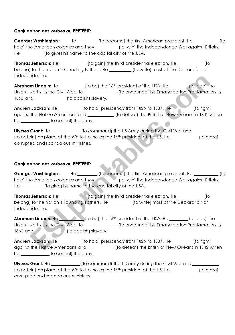 US PRESIDENTS PRETERIT TENSE worksheet