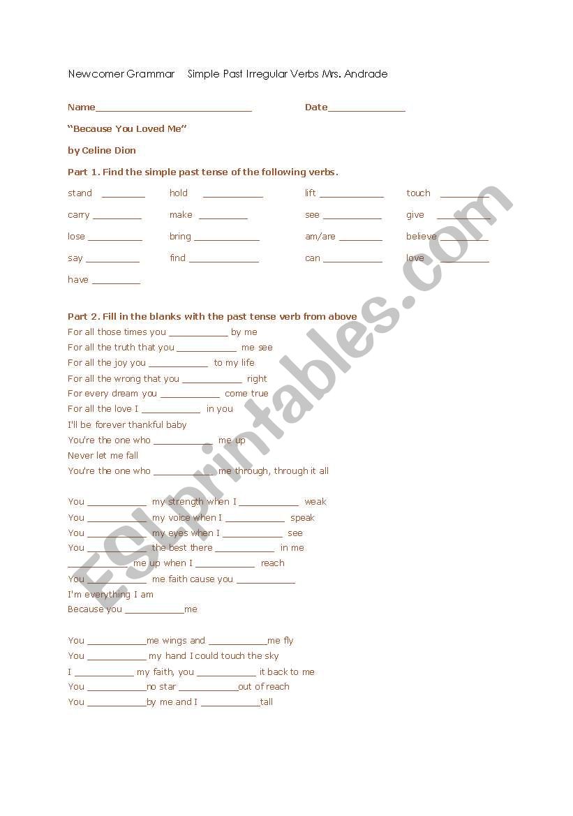 Because You Loved Me Simple Past Worksheet