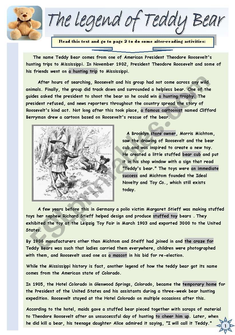 THE LEGEND OF TEDDY BEAR- READING COMPREHENSION (2 pages + 2 pages of B&W version)