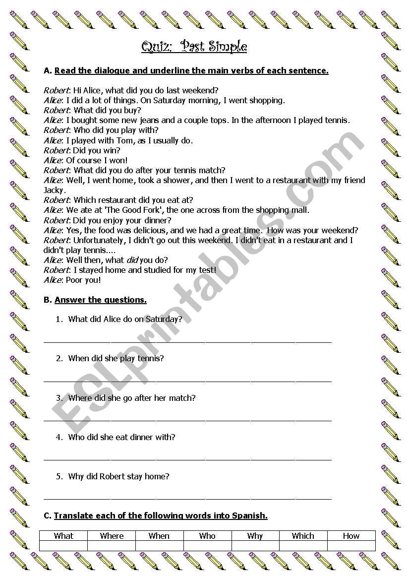 Past Simple Quiz worksheet