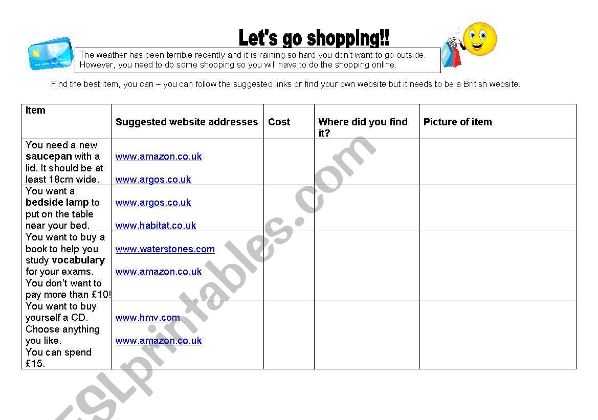 Internet shopping worksheet